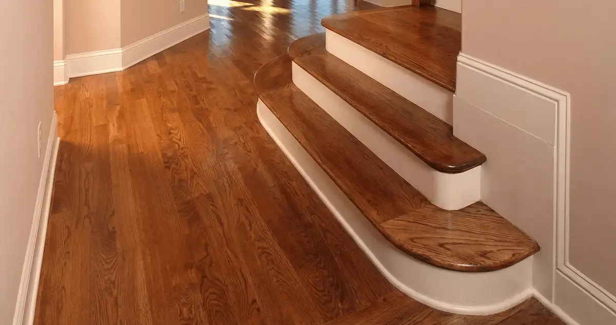 Base floor of a staircase with professionally restored wood flooring in Philadelphia PA