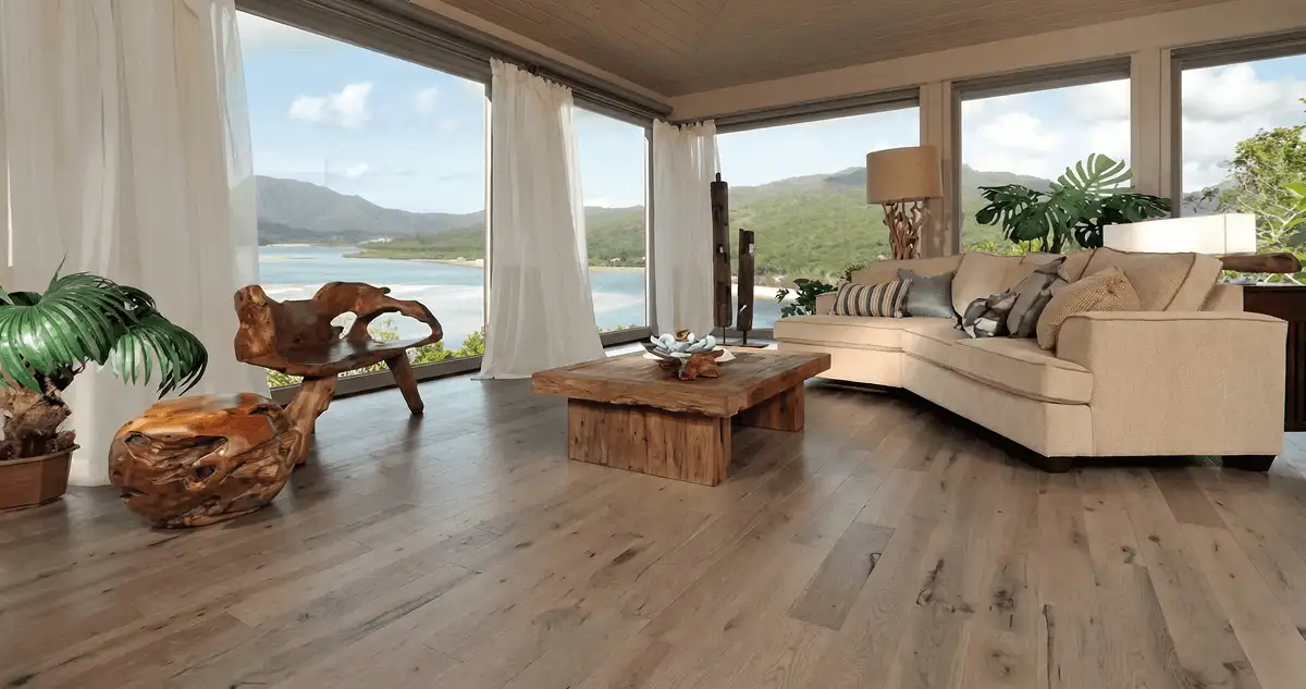 Professionally installed vinyl flooring in a modern living room with large windows in Philadelphia, PA